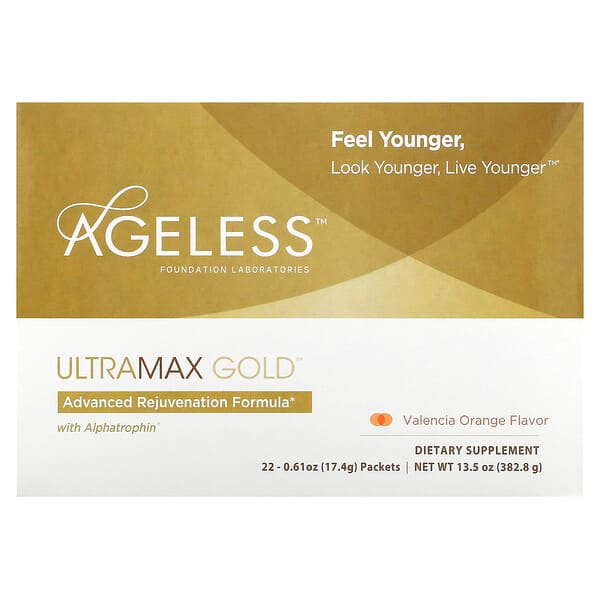 Ageless Foundation Laboratories, UltraMax Gold 高級煥膚配方，含 Alphatrophin，晚侖西亞橙味，22 袋裝，17.4 克/袋