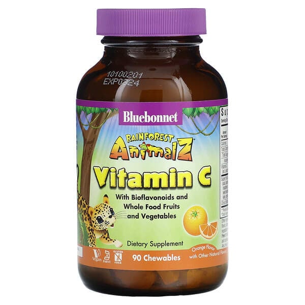 Bluebonnet Nutrition, 超級地球，雨林動物，維生素 C，天然柳丁味，90 粒動物形狀咀嚼片