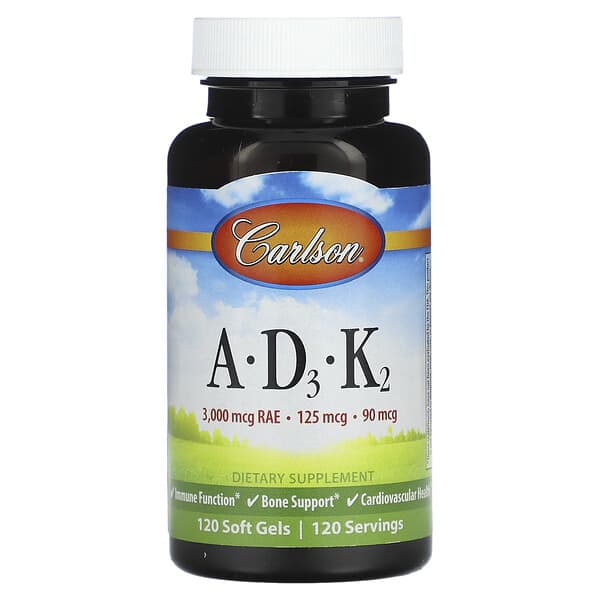 Carlson, A、D3 + K2，120 粒軟凝膠