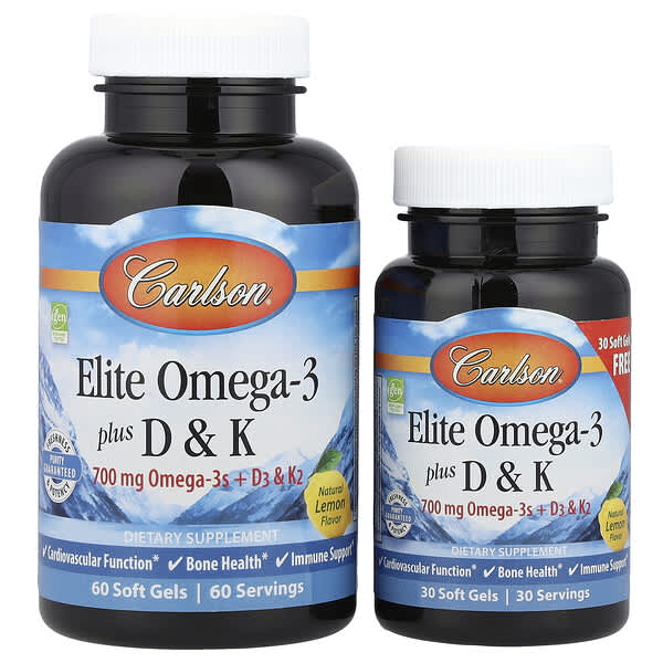 Carlson, 精選 Omega-3 魚油,含維生素 D 和 K,天然檸檬味,90 粒軟膠囊