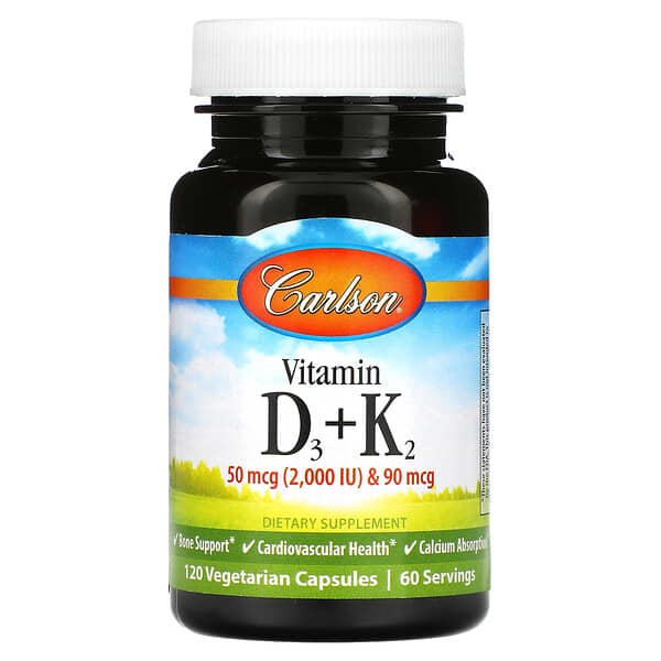 Carlson, 維生素 D3 + K2,50 微克(2,000 國際單位)和 90 微克,120 粒素食膠囊