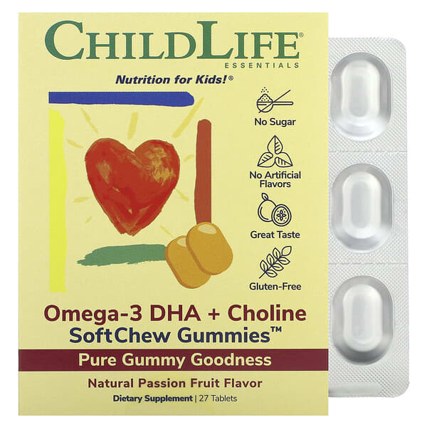 ChildLife Essentials, 必需,Omega-3 DHA+ 膽鹼咀嚼軟糖,西番蓮味,27 片
