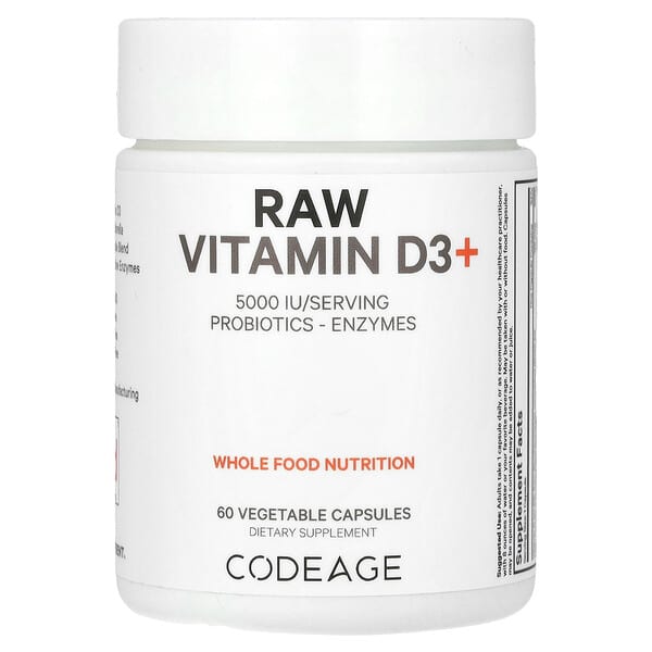 Codeage, 未加工維生素 D3+，5,000 國際單位，60 粒素食膠囊