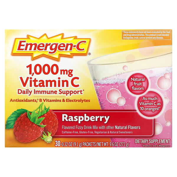 Emergen-C, 維生素 C,調味起泡飲品混合物,樹莓,1,000 毫克,30 包,每包 0.32 盎司(9.1 克)