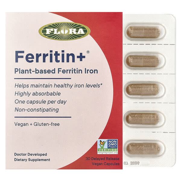 Flora, Ferritin+，植物基鐵蛋白鐵，30 粒緩釋全素膠囊
