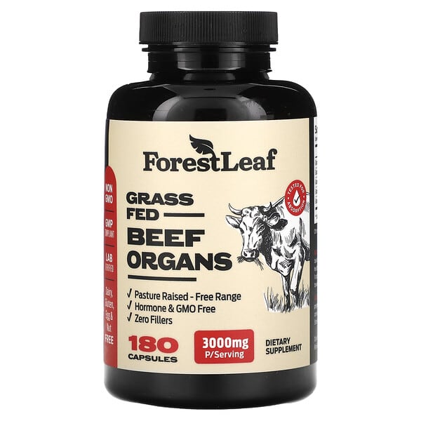 Forest Leaf, 草飼牛器官，3,000 毫克，180 粒膠囊（每粒膠囊 500 毫克）