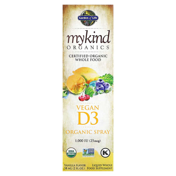Garden of Life, MyKind Organics 系列全素食維生素 D3 有機噴霧，香草味，25 微克 (1000 國際單位)，2 液量盎司（58 毫升）