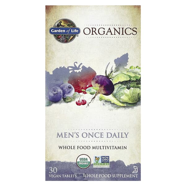 Garden of Life, Organics,男性每日一次,全食多維生素,30 片全素片