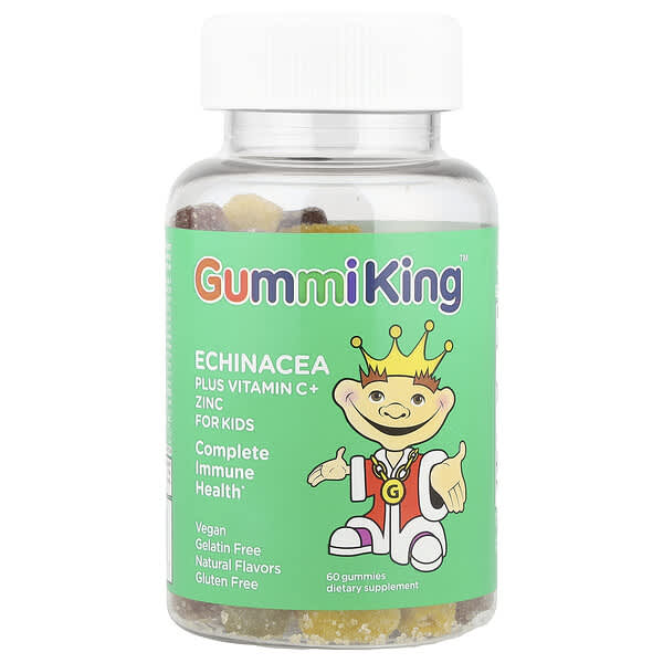 GummiKing, 狹葉紫錐菊加兒童補充的維生素 C+鋅,草莓、橙子、檸檬、葡萄、櫻桃和葡萄柚子味,60 粒軟糖