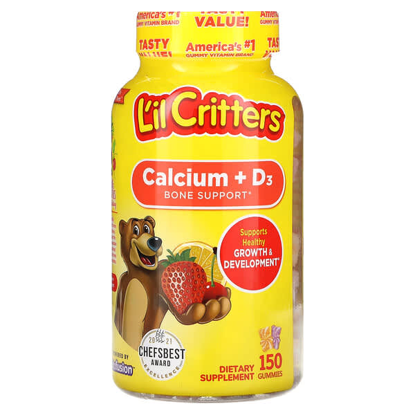 L'il Critters, 鈣 + 維生素 D3,骨骼幫助,黑櫻桃、柳丁和草莓味,150 粒軟糖