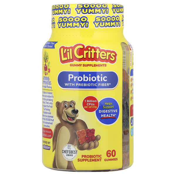 L'il Critters, 含益生元、櫻桃、橙子和葡萄香料的益生菌，10 億 CFU，60 粒軟糖
