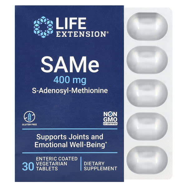 Life Extension, SAMe,S-腺苷蛋氨酸,400 毫克,30 片腸溶包衣素食片