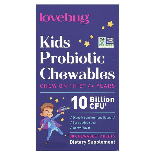 LoveBug Probiotics, 兒童益生菌咀嚼片,4 歲以上,漿果味,100 億 CFU,30 片