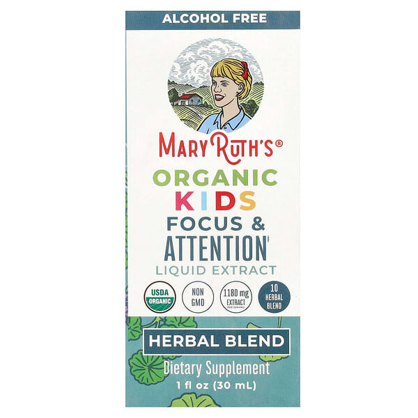 MaryRuth's, Organic Kids，Focus & Attention 液體提取物，無酒精，1 液量盎司（30 毫升）