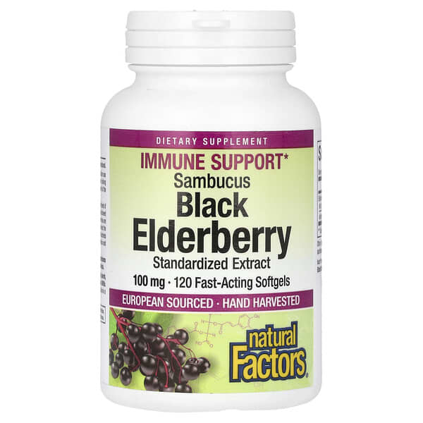 Natural Factors, 黑接骨木果，100 毫克，120 粒速效軟凝膠