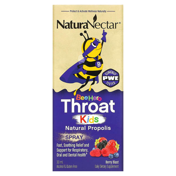 NaturaNectar, Bee Hero Throat Kids，天然蜂膠噴霧，漿果味，5 毫克，30 毫升
