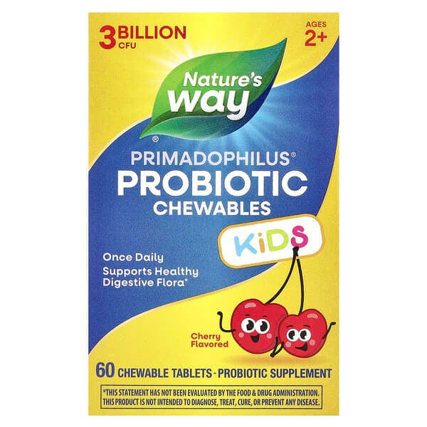 Nature's Way, Primadophilus® 兒童益生菌咀嚼片,2 歲以上,櫻桃味,30 億 CFU,60 片
