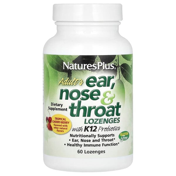 NaturesPlus, 成年人耳鼻喉錠劑,含 K12 益生菌,天然熱帶櫻桃漿果,60 錠劑