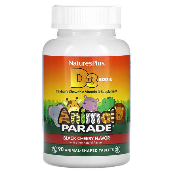 NaturesPlus, Source of Life，Animal Parade，維生素 D3，天然黑櫻桃，500 國際單位，90 片動物型片劑