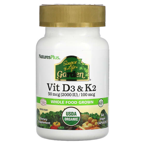 NaturesPlus, Source of Life Garden,維生素 D3 和 K2,60 粒全素膠囊