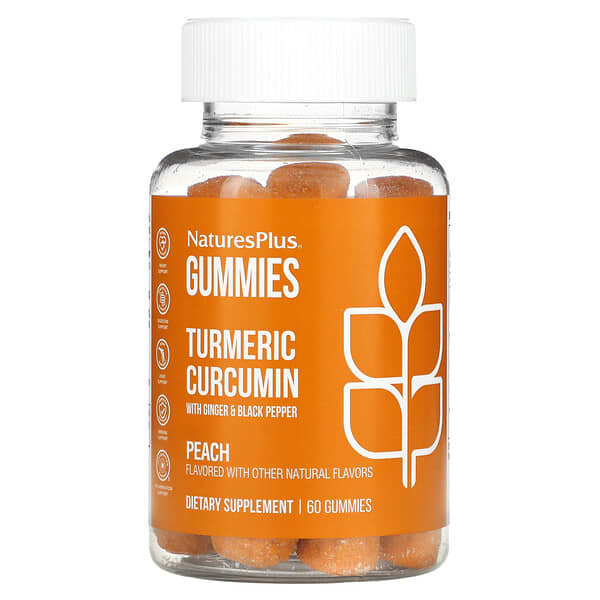 NaturesPlus, Turmeric Curcumin With Ginger & Black Pepper，桃子味，60 粒軟糖