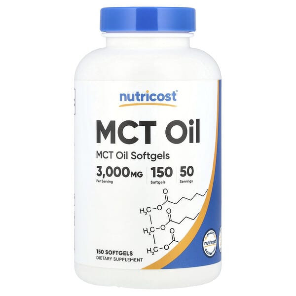 Nutricost, 中鏈甘油三酯油，3,000 毫克，150 粒軟凝膠（每粒軟凝膠 1,000 毫克）