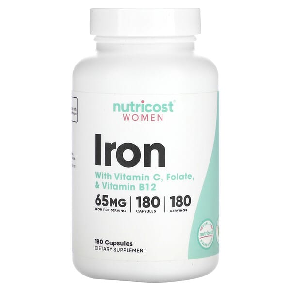 Nutricost, 女性,鐵,含維生素 C、葉酸和維生素 B12,65 毫克,180 粒膠囊