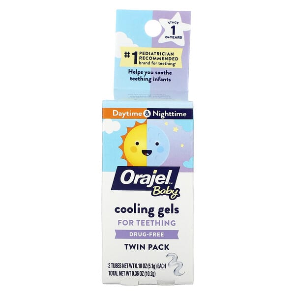 Orajel, 嬰兒日間+夜間出牙期降溫凝膠，0 歲以上，2 管，每管 0.18 盎司（5.1 克）