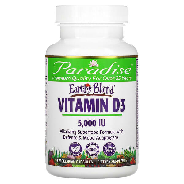 Paradise Herbs, Earth's Blend，維生素 D3，5,000 國際單位，90 粒素食膠囊