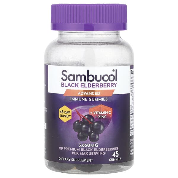 Sambucol, 黑接骨木果,高級機體抵抗幫助軟糖 + 維生素 C + 鋅,45 粒