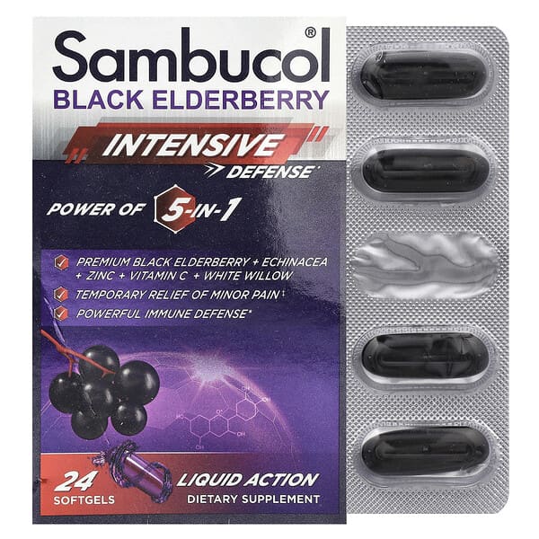 Sambucol, 黑接骨木果,強化防御,5 合 1 的力量,24 粒軟凝膠