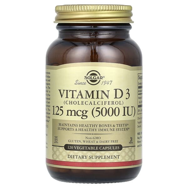 Solgar, 維生素 D3(膽鈣化醇),125 微克(5000 國際單位),120 粒素食膠囊