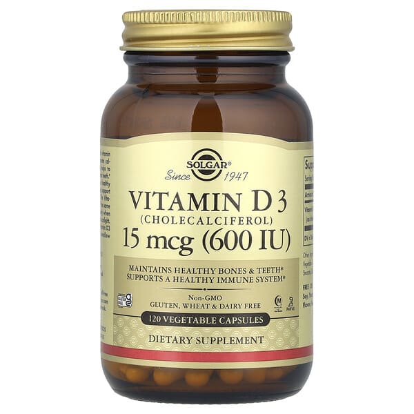 Solgar, 維生素 D3（膽鈣化醇），15 微克（600 國際單位），120 粒素食膠囊