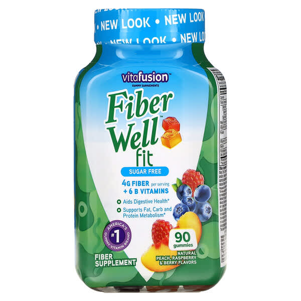 VitaFusion, FiberWell Fit Vitamins，無糖，天然桃子、樹莓和漿果味，90 粒軟糖