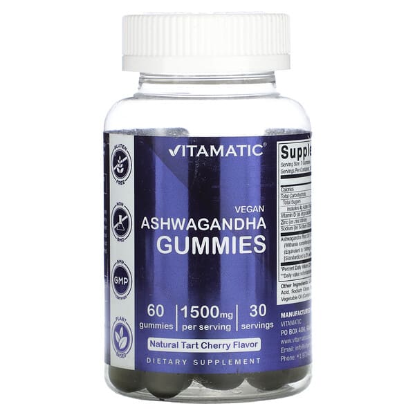 Vitamatic, 全素南非醉茄，天然酸櫻桃味，1,500 毫克，60 粒軟糖（每粒軟糖 750 毫克）