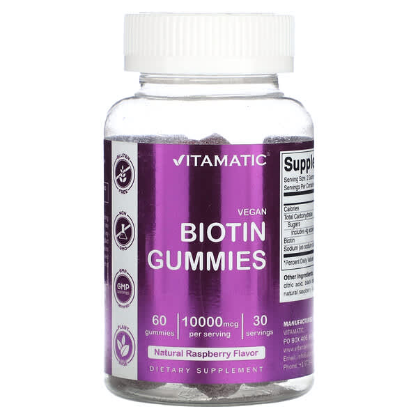 Vitamatic, 全素生物維生素軟糖，天然樹莓味，10,000 微克，60 粒軟糖（每粒軟糖 5,000 微克）